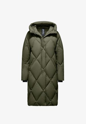 Cappotto trapuntato verde con cappuccio, caratterizzato da un motivo a diamante e tasche laterali. Realizzato in un materiale liscio e resistente all'acqua.