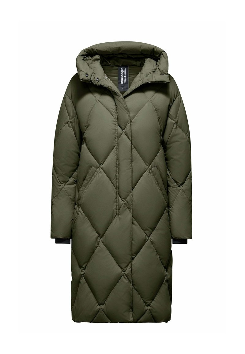 Cappotto trapuntato verde con cappuccio, caratterizzato da un motivo a diamante e tasche laterali. Realizzato in un materiale liscio e resistente all'acqua.