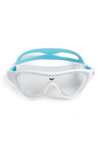 Gafas de natación con lentes transparentes, un marco blanco y una correa de silicona azul. Presentan una textura rubberizada y un diseño protector.