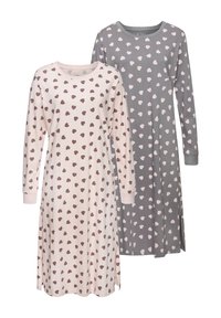 Two long-sleeve nightgowns: one light pink with brown heart patterns, and one gray with light pink hearts. Soft fabric, round necklines.