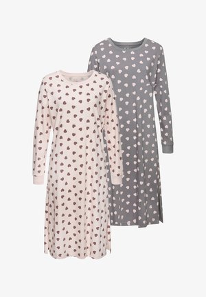 Zwei langärmelige Nachthemden: eines in Hellrosa mit braunen Herzmustern und eines in Grau mit hellrosa Herzen. Weicher Stoff, runde Ausschnitte.
