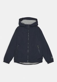 Chaqueta con cremallera en azul marino, con capucha, forro interior gris, dos bolsillos laterales y puños elásticos. Hecha de material ligero y resistente al agua.