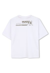 Camiseta de algodón blanca con un ajuste relajado, que presenta un estampado gráfico en gris y negro con el texto "HUGO ATHLETICS 1993 BOXING ACADEMY."