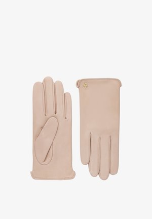 Paar beige Lederhandschuhe, eines zeigt die Handfläche und das andere die Rückseite mit einem kleinen goldenen Emblem nahe dem Handgelenk.