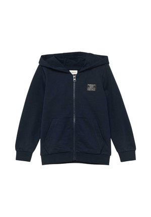 Marineblaue Kapuzenjacke mit durchgehendem Reißverschluss, Taschen vorne, gerippten Bündchen, Kapuze und einem kleinen Patch mit Text auf der linken Brust.