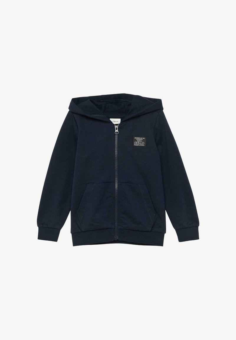 Felpa con cappuccio blu navy a tutta zip con tasche frontali, polsini a coste, cappuccio e una piccola toppa con testo sul petto sinistro.