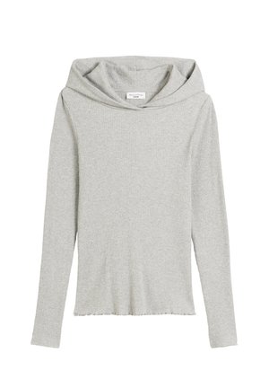 Maglia a maniche lunghe grigia chiara con cappuccio, dal tessuto a coste, con un fit morbido, cappuccio ripiegato e orlo grezzo.