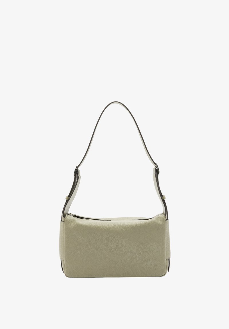 Skórzana torebka w jasnym zielonym kolorze, prostokątnego kształtu, o gładkiej fakturze, z krótkim uchwytem i zamknięciem na zamek błyskawiczny na górze. Brak widocznych akcentów metalowych.