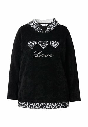 Zwarte fleece hoodie met een gevoerde capuchon in leopardenprint, drie harten in leopardenprint en geborduurd "Love" op de voorkant.