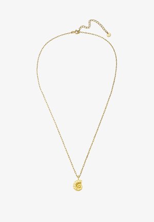 Goldkettchen mit einem strukturierten, blütenförmigen Anhänger. Verfügt über einen Karabinerverschluss und eine Verlängerungskette für eine verstellbare Länge.