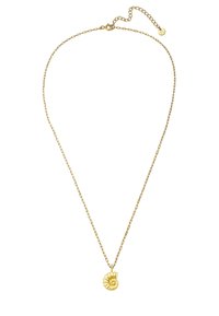 Zelta ķēdes kaklarota ar teksturētu, zieda formas piekariņu. Aprīkota ar omāru aizdari un pagarināšanas ķēdi, lai pielāgotu garumu.