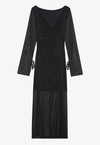Abito nero con maniche lunghe in rete, scollatura a V e dettagli arricciati sulle maniche. Tessuto semi-trasparente su tutta la superficie, design elegante.