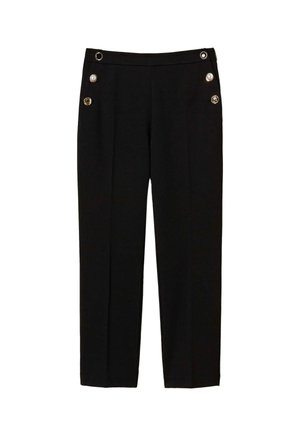Pantaloni neri con una texture liscia, dotati di una vestibilità su misura, tasche laterali e tre bottoni decorativi all'anca.