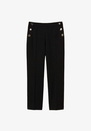 Pantaloni neri con una texture liscia, dotati di una vestibilità su misura, tasche laterali e tre bottoni decorativi all'anca.