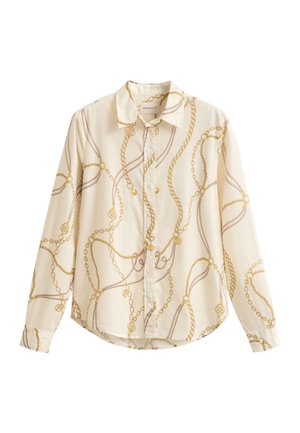 Chemise crème à manches longues avec boutons, imprimé chaînes dorées et brunes, col classique et ourlet arrondi.