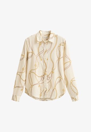 Chemise crème à manches longues avec boutons, imprimé chaînes dorées et brunes, col classique et ourlet arrondi.