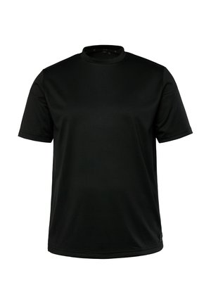 Zwarte t-shirt met korte mouwen en ronde hals, gemaakt van gladde, lichte stof. Kenmerkt zich door een eenvoudig, effen ontwerp zonder patronen of accenten.