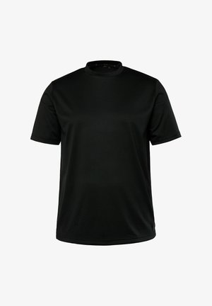 Czarna koszulka polo z krótkim rękawem i okrągłym dekoltem, wykonana z gładkiego, lekkiego materiału. Charakteryzuje się prostym, jednolitym wzorem bez deseni ani akcentów.