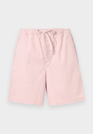 Svetloroza casual kratke hlače z elastičnim pasom in vrvico za zategovanje, z bočnimi žepi, na enotnem svetlem ozadju.