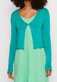 Tyrkysový kardigan s dlouhými rukávy, kulatým výstřihem a knoflíkovým zapínáním uprostřed. Nosený přes světle zelené, strukturované šaty.