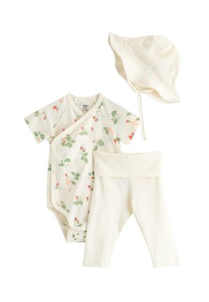 Sæt med cremefarvet babyoutfit, der inkluderer bodystocking med korte ærmer og blomsterprint, ensfarvede leggings og matchende solhat med bindebånd under hagen.