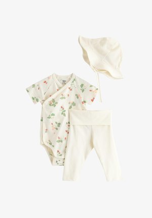 Sæt med cremefarvet babyoutfit, der inkluderer bodystocking med korte ærmer og blomsterprint, ensfarvede leggings og matchende solhat med bindebånd under hagen.