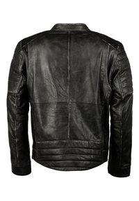 Schwarze Lederjacke mit glatter Oberfläche, ausgestattet mit einem schlichten Rücken, Schulterakzenten und Nahtdetails überall.