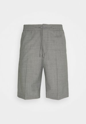 Graue, knielange Shorts aus einem strukturierten Stoff. Verfügen über einen elastischen Bund mit einem Kordelzug zur Anpassung.