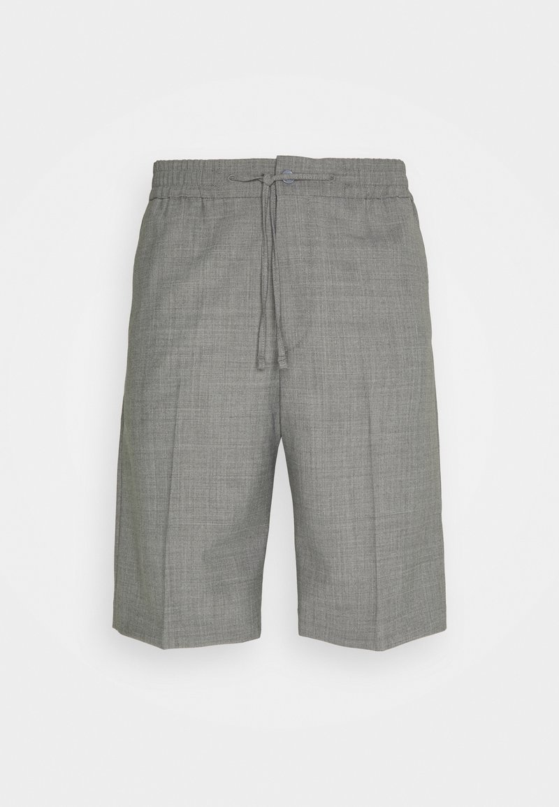 Shorts gris au genou fabriqués dans un tissu texturé. Dotés d'une taille élastique avec un cordon de serrage pour un ajustement personnalisé.