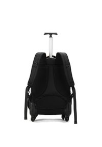 Zaino a ruote nero con spallacci imbottiti, retro in rete testurizzata e manico in alluminio estensibile. Dotato di ruote per una maggiore mobilità.