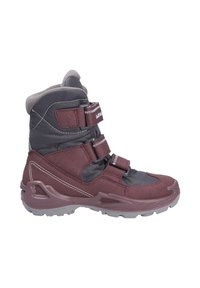 Scarpe da trekking alte con tomaia in tessuto bordeaux, accenti grigi, due chiusure a strap e una suola in gomma robusta per una buona trazione.