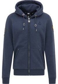 Granatowa bluza z kapturem na zamek wykonana z mieszanki bawełny, z kieszenią kangurką, metalowym zamkiem błyskawicznym, sznurkami oraz naszywką na lewym rękawie.