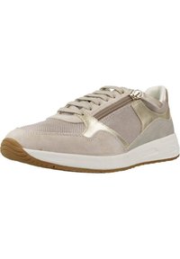 Baskets beige clair avec un mélange de maille texturée et de suède, des accents métalliques, une fermeture à glissière sur le côté et une semelle en caoutchouc avec des motifs de traction.