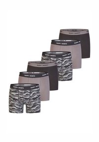 Set aus sechs Boxershorts in unterschiedlichen Grautönen und Schwarz. Mit elastischen Taillenbündchen, die mit "HAPPY SHORTS" beschriftet sind, und einem Tiermuster-Design bei einem Paar.