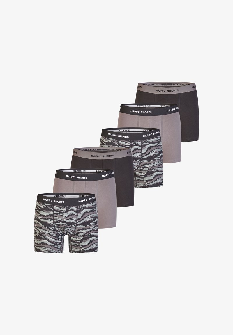 Set aus sechs Boxershorts in unterschiedlichen Grautönen und Schwarz. Mit elastischen Taillenbündchen, die mit "HAPPY SHORTS" beschriftet sind, und einem Tiermuster-Design bei einem Paar.