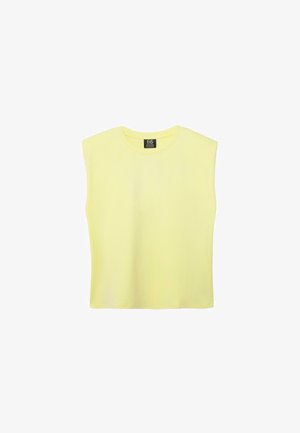 Top giallo senza maniche con scollo tondo, orlo dritto e etichetta nera all'interno del collo con la scritta "B5".