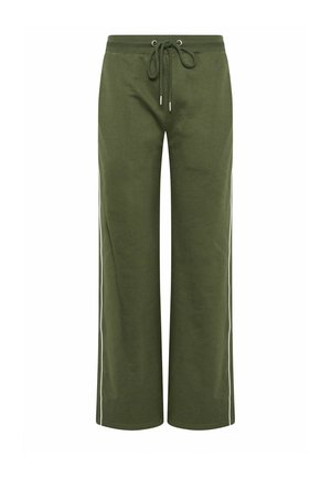 Olive green wide-leg sweatpants with white side stripes and a drawstring waistband.