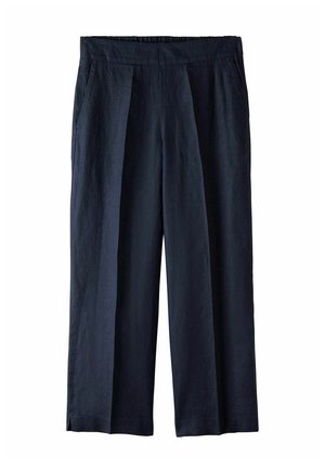 Marineblaue Leinen-Hosen mit weitem Bein, flachem Bund, seitlichen Taschen und Falten; glatte Textur und atmungsaktives Material für Komfort.