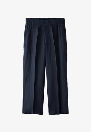 Pantalons larges en lin bleu marine avec une taille plate, des poches latérales et des plis ; texture lisse et matériau respirant pour le confort.
