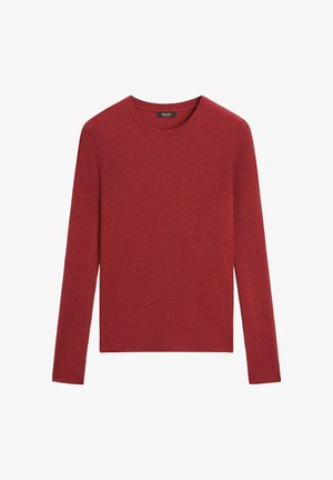 Roter, gerippter Langarmpullover mit rundem Ausschnitt und geradem Schnitt. Die Stofftextur wirkt weich und leicht elastisch.