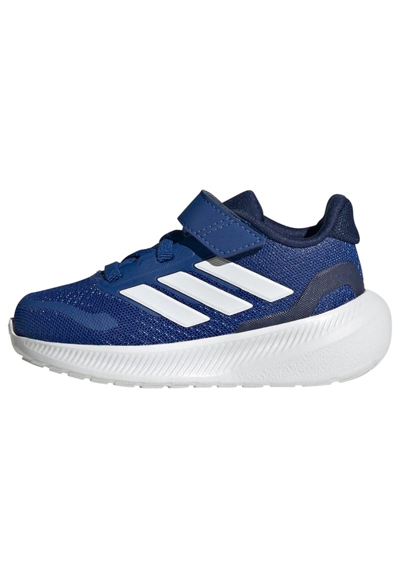Blue athletic shoes with a textured fabric upper, white three-stripe detailing, velcro strap, and a white rubber sole.