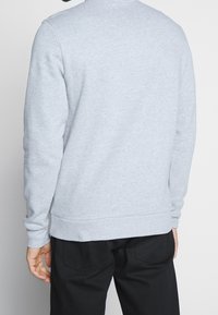 Hellgrauer Sweatshirt mit langen Ärmeln, gerippten Bündchen und Saum sowie Rundhalsausschnitt. Das Material erscheint weich und strukturiert. Schwarze Hosen sind sichtbar.