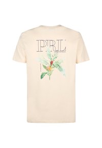 Camiseta de algodón crema con un estampado gráfico botánico en verde y rojo, con el texto "PRL" en la parte posterior. Manga corta y corte estándar.