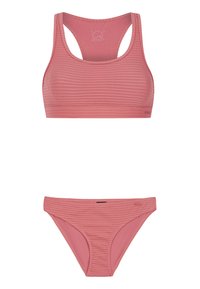 Ružový rebrovaný bikiny top s dizajnom racerback a zodpovedajúcimi spodkami. Vyrobený z jemného materiálu, ktorý má subtílnu textúru a minimálne čierne akcenty.