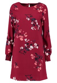 Robe bordeaux à manches longues avec motifs floraux roses et noirs et poignets froncés, avec un col rond et une fermeture boutonnée au dos.