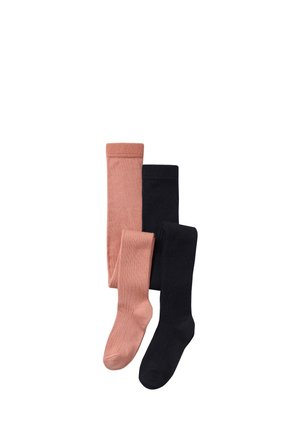 Two pairs of socks: one pair in light pink and one in solid black, ribbed texture, featuring a classic crew design.