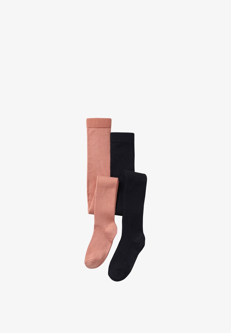 Two pairs of socks: one pair in light pink and one in solid black, ribbed texture, featuring a classic crew design.