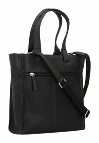 Schwarze Leder-Tote-Tasche mit doppelten oberen Griffen und einem abnehmbaren Schultergurt. Verfügt über eine vordere Reißverschluss-Tasche und ein schlankes, minimalistisches Design.