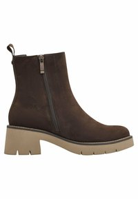 Brown suede ankle boot with a side zipper, block heel, and textured rubber sole. Features a pull tab at the back for easy wear.