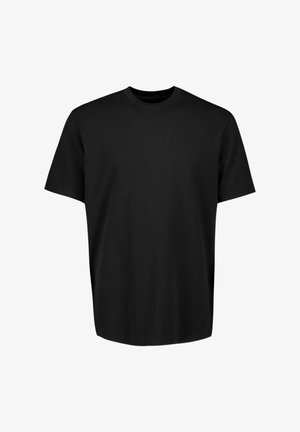 T-shirt noir à manches courtes avec col rond et coupe décontractée, présenté sur un fond blanc.